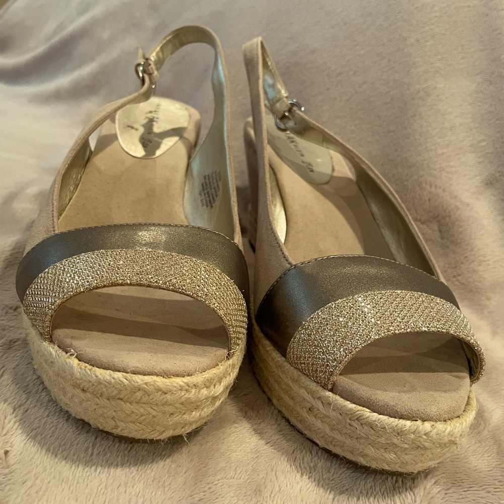Anne Klein Taupe and Glittery Gold Espadrille Slingbacks